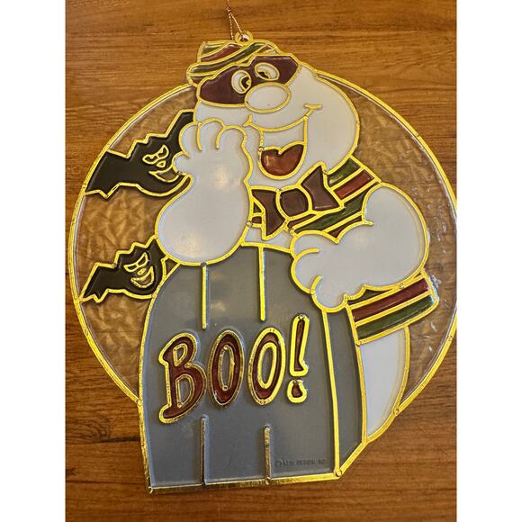 Vintage Plastic Stained Glass Suncatcher Halloween Ghost and tombstones BOO - Picture 1 of 9